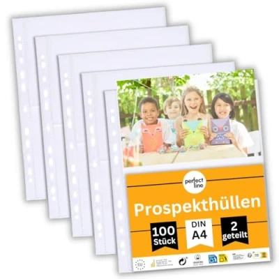Immagine di perfect line 100 buste trasparenti A4, portadocumenti divise in 2 scomparti (A5 trasversale), foglio trasparente incolore con inserimento di sopra