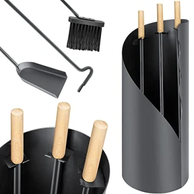 Immagine di KESSER® Accessori per camino Kit da 4 pezzi design moderno, rivestito, Set caminetto di alta qualità composto pezzi: scopino, paletta, attizzatoio, supporto acciaio, manici,Antracita