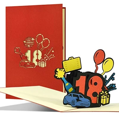 Immagine di biglietto per il 18 compleanno, di auguri pop up 3D, un voucher, la patente guida, G29