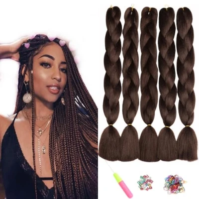 Immagine di Showjarlly Kanekalon Meches Treccia Capelli,24&quot;Riaggiunta Capelli,5 Pacchetti per Trecce Africana, Estensione dei capelli in fibra sintetica uncinetto Twist (cioccolato