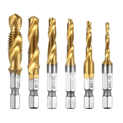 Immagine di Qibaok 6 pezzi punte trapano Maschi Countersink Tap HSS Imposta combinazione attacco filettare e svasare l’imboccatura Innesto esagonale standard titanio, non per metallo duro