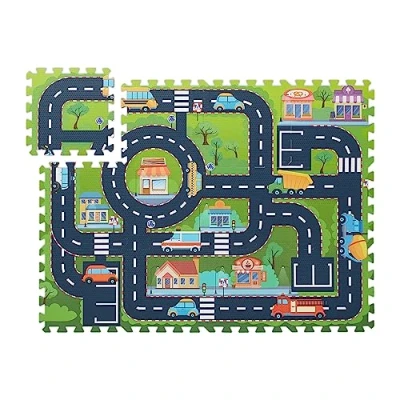 Immagine di Relaxdays Tappeto Gioco Bambini, Puzzle 12 Tasselli con Auto e Strada, 114 x 86 cm, Tappetino per Gattonare, Colorato