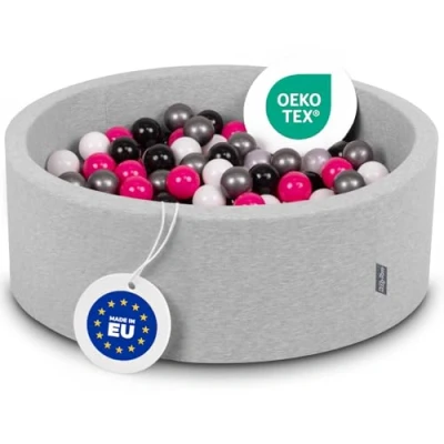 Immagine di KiddyMoon 90X30cm/200 Palline ∅ 7CM Piscina di Colorate per Bambini Tondo Fabbricato in EU, Grigio Ch:Bianco/Nero/Argento/Rosa Sc