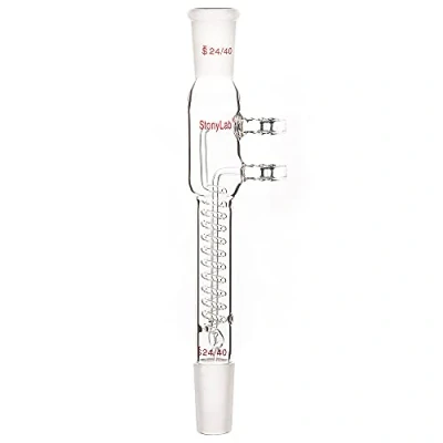 Immagine di stonylab Condensatore a Riflusso Bobina di Vetro, Vetro Borosilicato Dimroth con 24/40 Giunti e Raccordi per Tubi Flessibili, Lunghezza Totale 245 mm