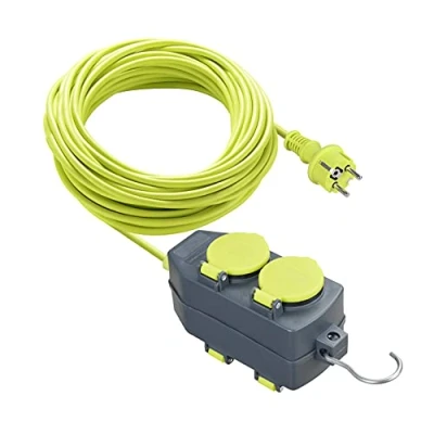 Immagine di Masterplug Cavo prolunga con 2 prese 15 m, Schuko, estensione elettronica per esterno IP44, verde