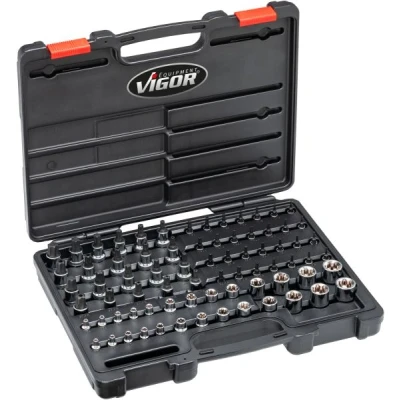 Immagine di Vigor Kit inserti a bussola Quadrata , 1/4 (6.3 mm), 3/8 (10 1/2 (12.5 mm) 75 parti V7920