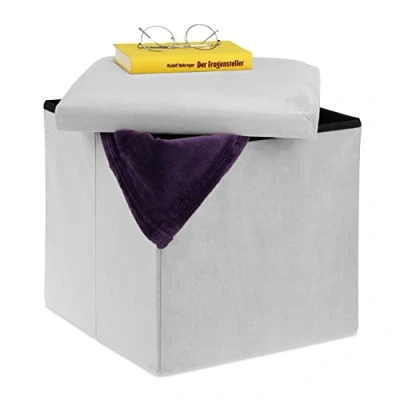 Immagine di Relaxdays Pouf Contenitore Pieghevole, Sgabello Poggiapiedi Imbottito, HxLxP: 38x38x38 cm, MDF e Velluto, Grigio Chiaro, 60% Fibra di Legno 30% 10% gommapiuma, 1 pz