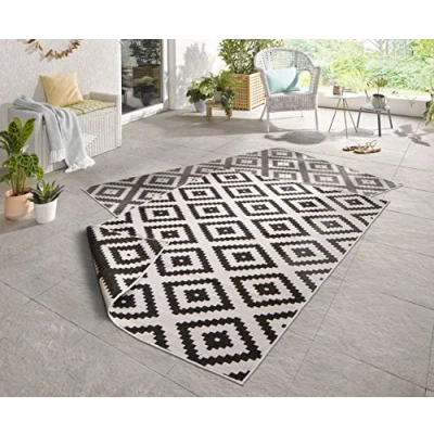 Immagine di bougari Malta Tappeto Double Face per Interni ed Esterni, 80 x 150 cm, Colore: Nero/Crema