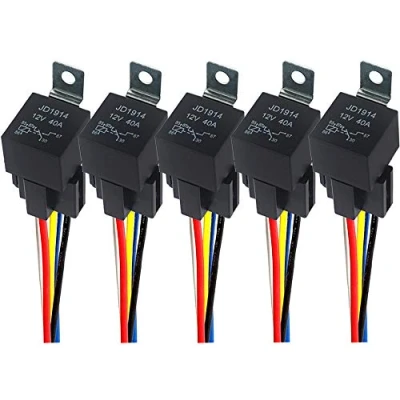 Immagine di QitinDasen 5 Pezzi Pin Auto Relè, 12V 40A SPDT Veicolo Relè con Presa di Imbracatura e 14/16 AWG Precablato, per Automobilistico Camion Barca (Nero)