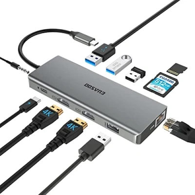 Immagine di EUASOO USB C HUB 11 in 1 Tripla Display Adattatore Docking Station con 2 HDMI, USB3.0, USB2.0, 100W Pd 3.0, Ethernet, lettore di schede SD/TF, Audio/Microfono
