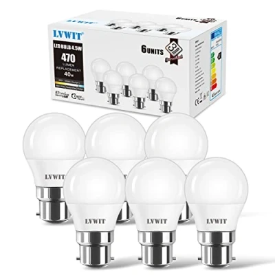 Immagine di LVWIT Lampadine LED Attacco B22 Forma G45, 5W Equivalente a 40W, Luce Bianca Fredda 6500K, Flusso Luminoso 470LM, Risparmio Energetico, Non Dimmerabile, Pacco da 6 Unità