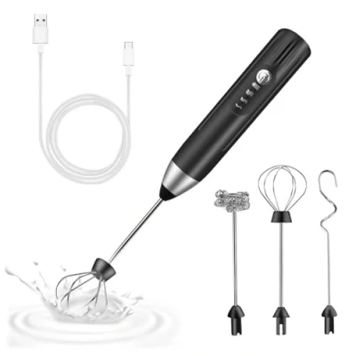Immagine di montalatte elettrico USB ricaricabile frullino con frusta in 3 acciaio inox testa mescolatore automatico cucina velocità regolabile cappuccino per Caffè, Latte
