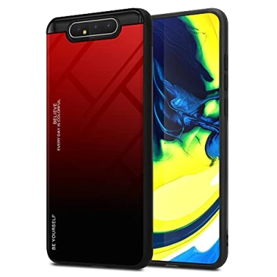 Immagine di Cadorabo Custodia compatibile con Samsung Galaxy A80 / A90 4G in ROSSO NERO Coperchio protettivo bicolore silicone TPU e retro vetro temperato