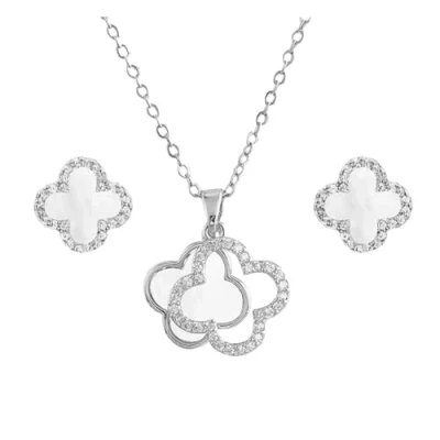 Immagine di Hanaoops Parure di Gioielli da Donna Collana Orecchini Quadrifoglio Acciaio al Titanio Fortunato Nero Set Squisiti per Moglie Mamma (Argento bianco)