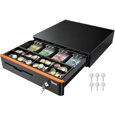 Immagine di Tera Cassetto di Cassa Registratore per Sistema Punto Vendita (41 x 41 cm) RJ12 con 5 Chiavi Arancione
