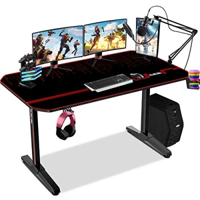 Immagine di 140 cm Scrivania Gaming, Tavolo Da Gioco PC Gamers, Gaming Casa Ufficio del Computer con Il Mouse Pad Portabicchieri Sistema di Gestione dei Cavi, Supporto per Cuffia, 140x60x75