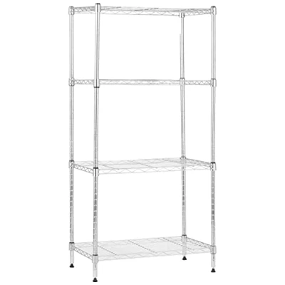 Immagine di Amazon Basics Scaffaliera a 4 ripiani stretti, altezza dei e piedini di livellamento regolabili, peso massimo 363 kg, Cromo, 34 x 59 122 cm (D W H)