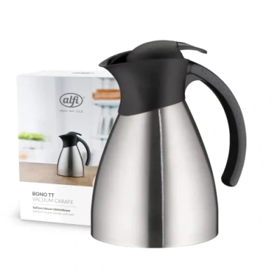 Immagine di alfi BONO TT 1,0l, caraffa thermos isolante con doppia parete in acciaio, plastica nera, tiene caldo per 12 ore, freddo 24 chiusura a vite comodo pulsante,per lavastoviglie,senza BPA
