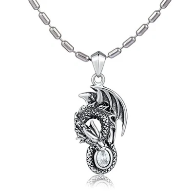 Immagine di DonDon Collana da uomo, con ciondolo in acciaio inossidabile a forma di dragone, pietra bianca, lunghezza 55 cm, sacchetto velluto