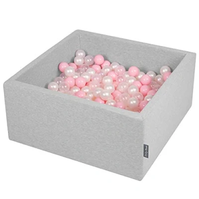 Immagine di KiddyMoon 90X40cm/200 Palline ∅ 7CM Quadrato Piscina di Colorate per Bambini Fabbricato in EU, Grigio Ch:Rosa Ch/Perla/Trasparente