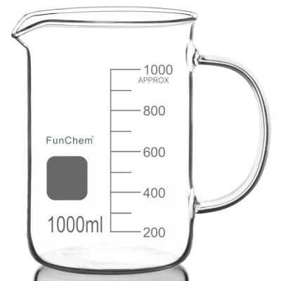 Immagine di FunChem bicchiere con manico, 1000 ml, vetro borosilicato trasparente, graduato, forma bassa, beccuccio