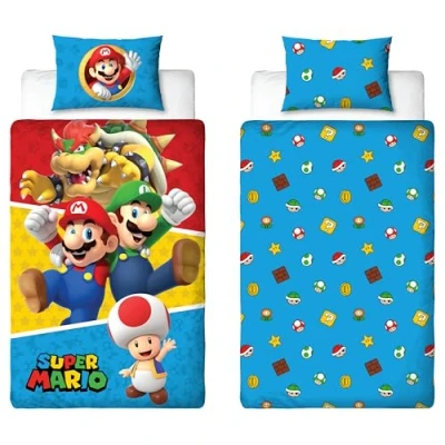 Immagine di Nintendo Super Mario Set copripiumino per letto singolo, reversibile, double face, con federa coordinata, in policotone, prodotto ufficiale