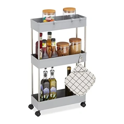 Immagine di Relaxdays Mobile Salvaspazio, Scaffale su Ruote con 3 Ripiani, per Bagno &amp; Cucina, Carrello 70 x 15,5 40,5 cm, Grigio, plastica 50% Acciaio Inox