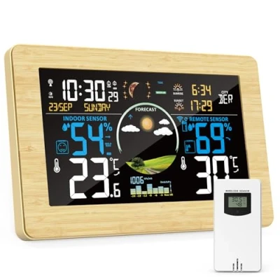 Immagine di Stazione Meteo con Sensore Esterno Interno, Meteorologica Display a Colori Temperatura, Umidità, Tempo Data, Barometrico, Sveglia, Previsioni del Tempo, Retroilluminazione Regolabile