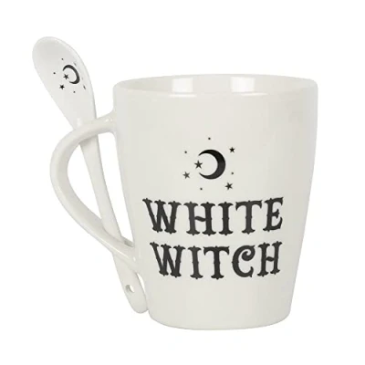 Immagine di Something Different FI_45831 Set tazza e cucchiaio in vetro con strega bianca, 10 x 11,5 cm, 1 pezzo, porcellana