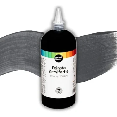 Immagine di perfect ideaz Vernice acrilica nera 1000 ml (1l), altamente coprente, resistente alla luce, a base d&#039;acqua