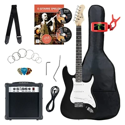 Immagine di Rocktile ST Pack Set Chitarra Elettrica Nera Kit Completo per Chitarre Elttriche con Amplificatore 25W, Custodia Morbida, Accordatore, Cavo, Tracolla, Plettri Nero