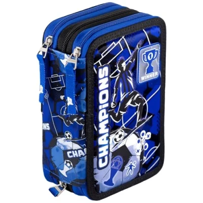 Immagine di Julian Ross Champions Neroazzurro Astuccio Triplo Riempito Bambini, 45 Accessori Scuola Elementare, 3 Zip, Scomparti Organizzati, Pastelli, Pennarelli, Colla, Forbici, Per Inter Fan