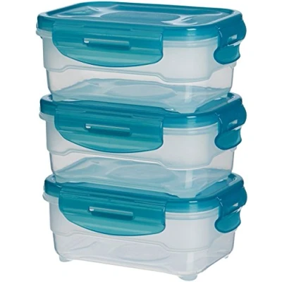 Immagine di Amazon Basics, Set di 3 contenitori ermetici per alimenti da 0.6 litri, con coperchio, in plastica senza BPA, adatti frigorifero, congelatore, microonde e lavastoviglie, azzurro
