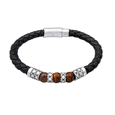 Immagine di Kuzzoi Bracciale da Uomo in Pelle Nera con Chiusura Magnetica massiccia e Elementi Argento Sterling 925, Larghezza 6 mm, Lunghezza 23 cm