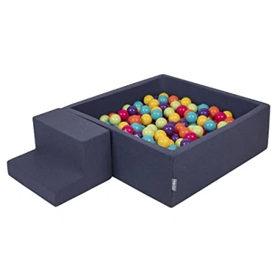 Immagine di KiddyMoon Area di Gioco in Schiuma con Quadrato Piscina Palline (200 Palline) per Bambini, Blu Scuro:Verdch/Gialo/Turche/Arancion/Rosasc/Viol