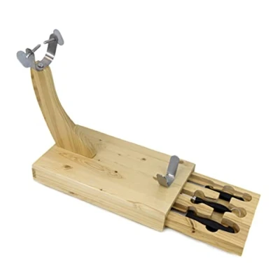 Immagine di Fackelmann Morsa Porta Prosciutto &quot;Jamonero&quot; con cassetto contenente 2 coltelli e 1 affila coltelli, per affettare comodamente salumi, in legno di faggio
